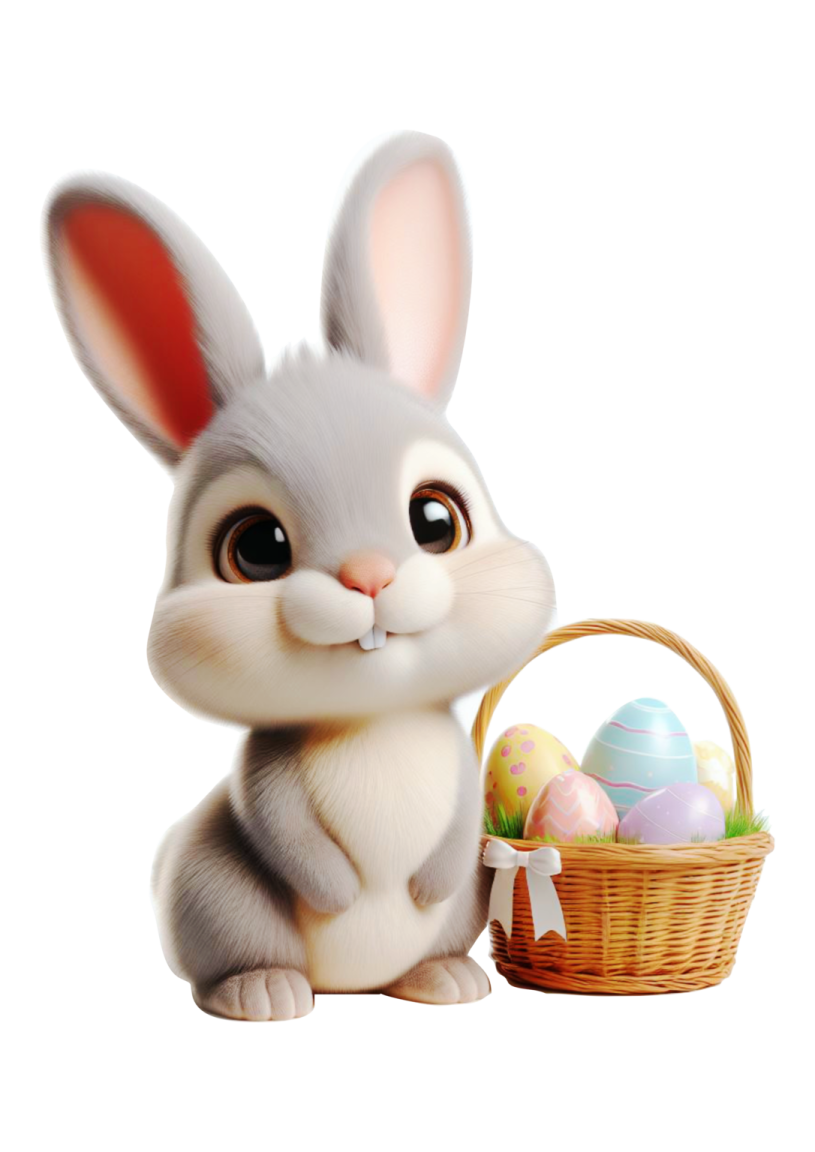 a small rabbit sitting next to an easter basket