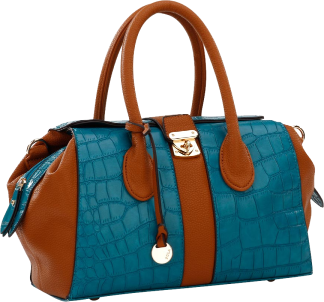 a blue and brown handbag