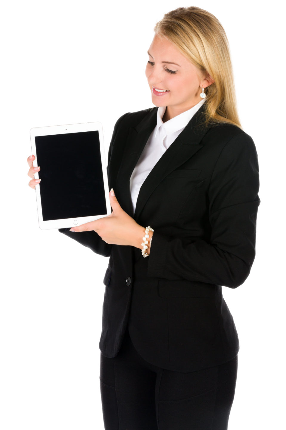 a woman in a business suit holding an ipad