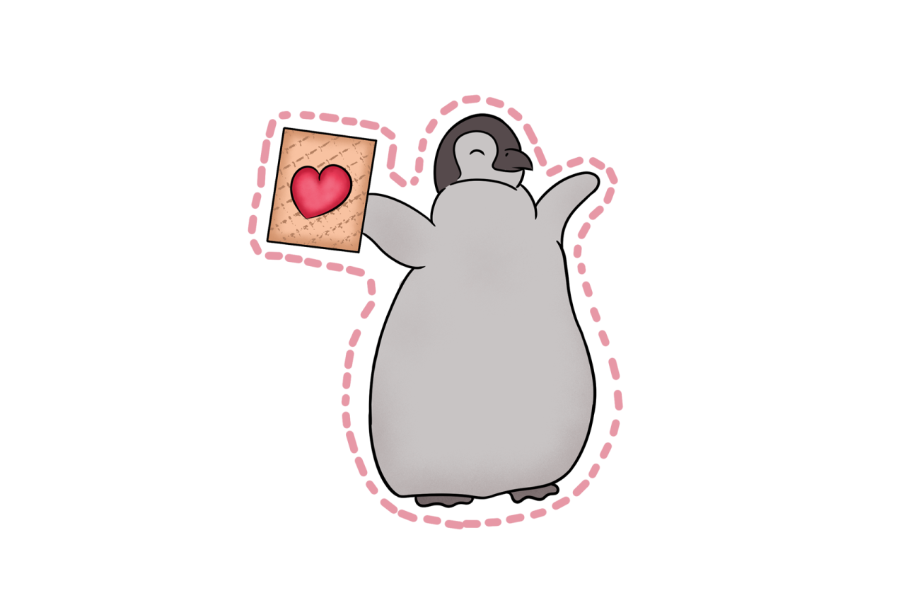 a penguin holding a piece of paper with a heart