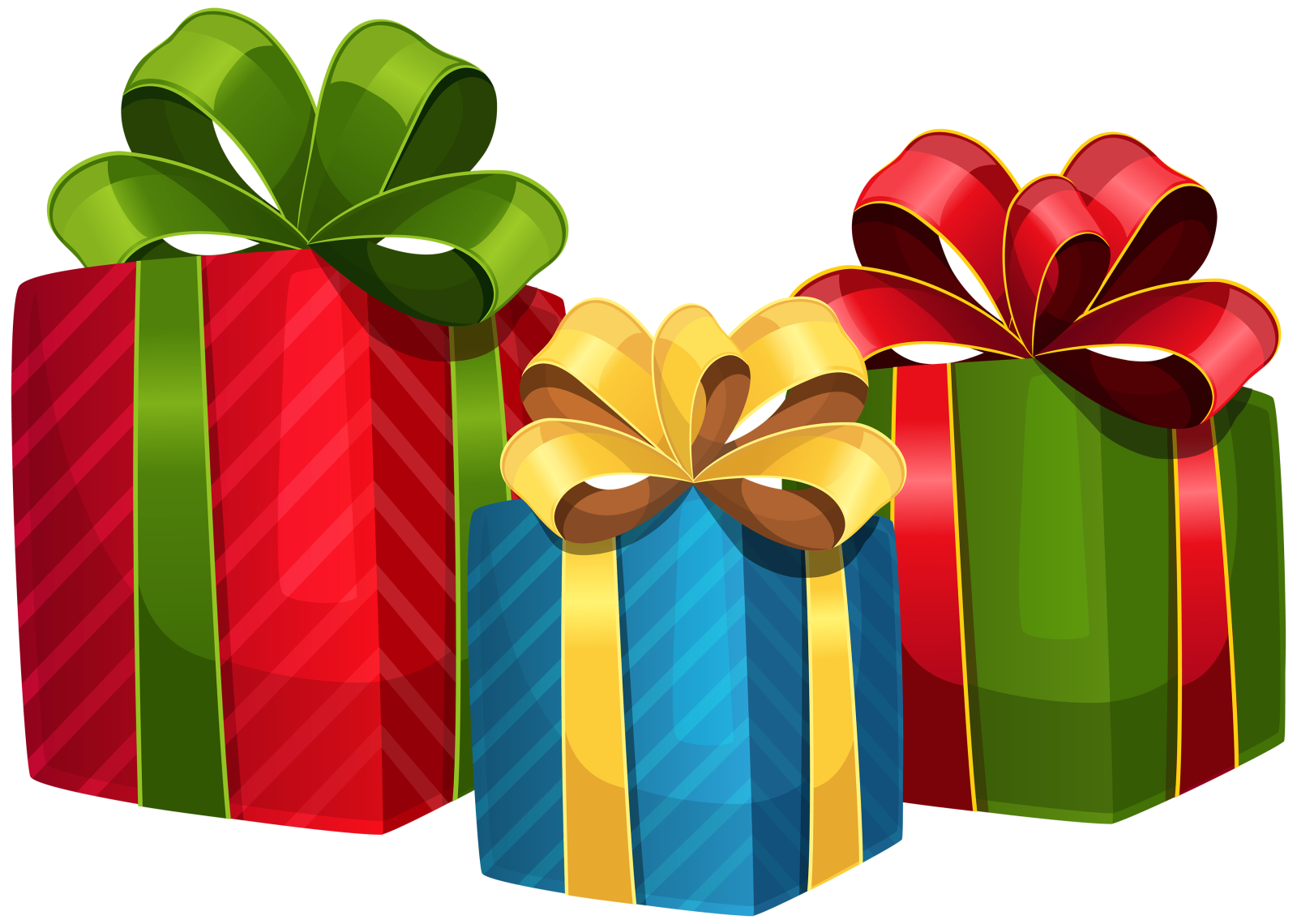 three colorful gift boxes with bows