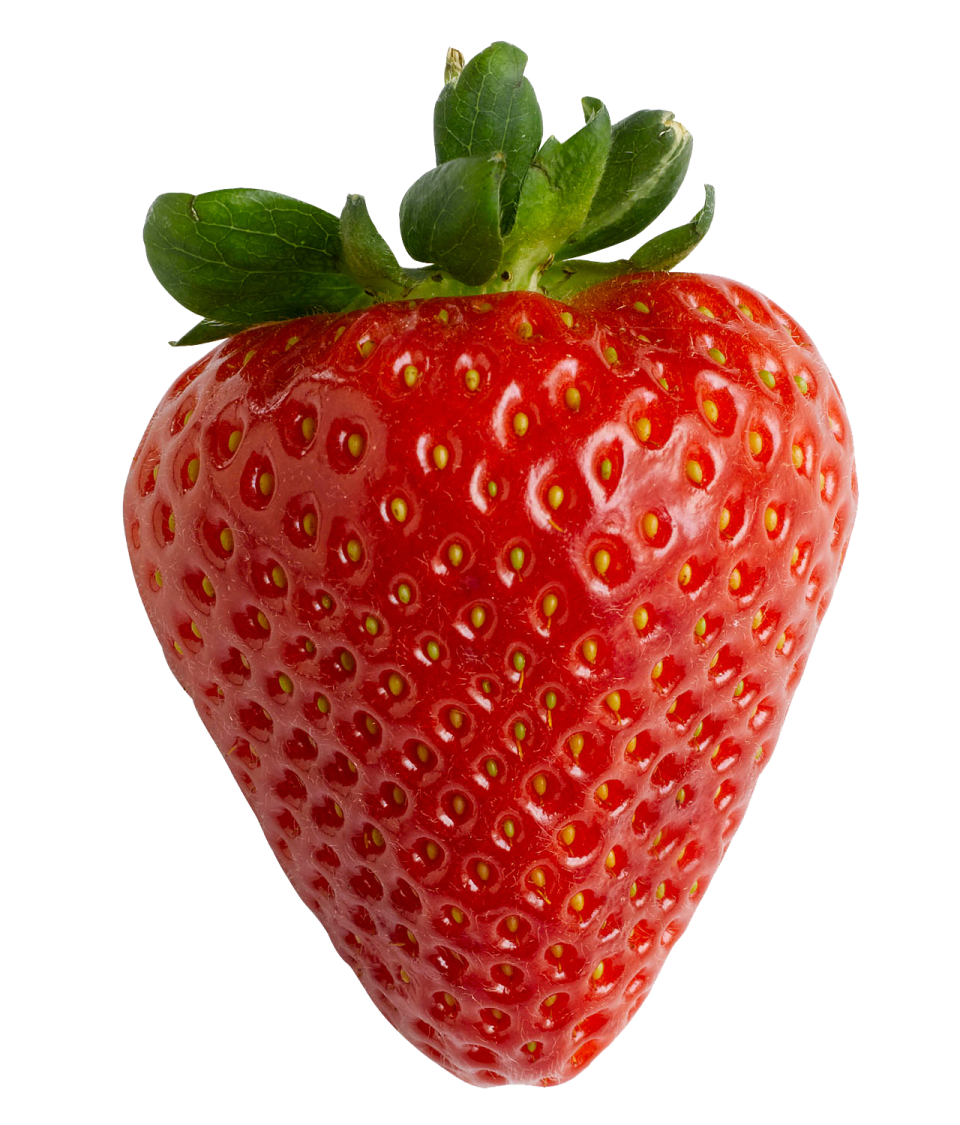 a red strawberry with green leaves on top