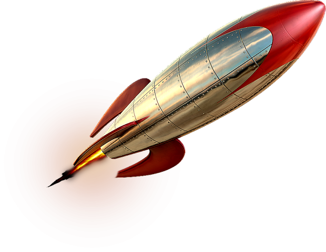 a red and silver rocket flying through the air