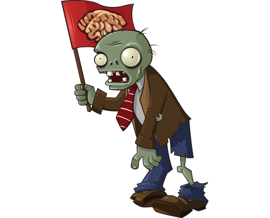 a cartoon zombie holding a red flag