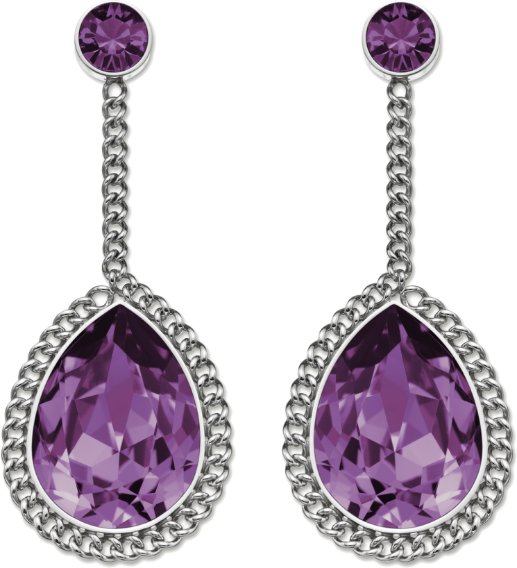 a pair of earrings with purple stones