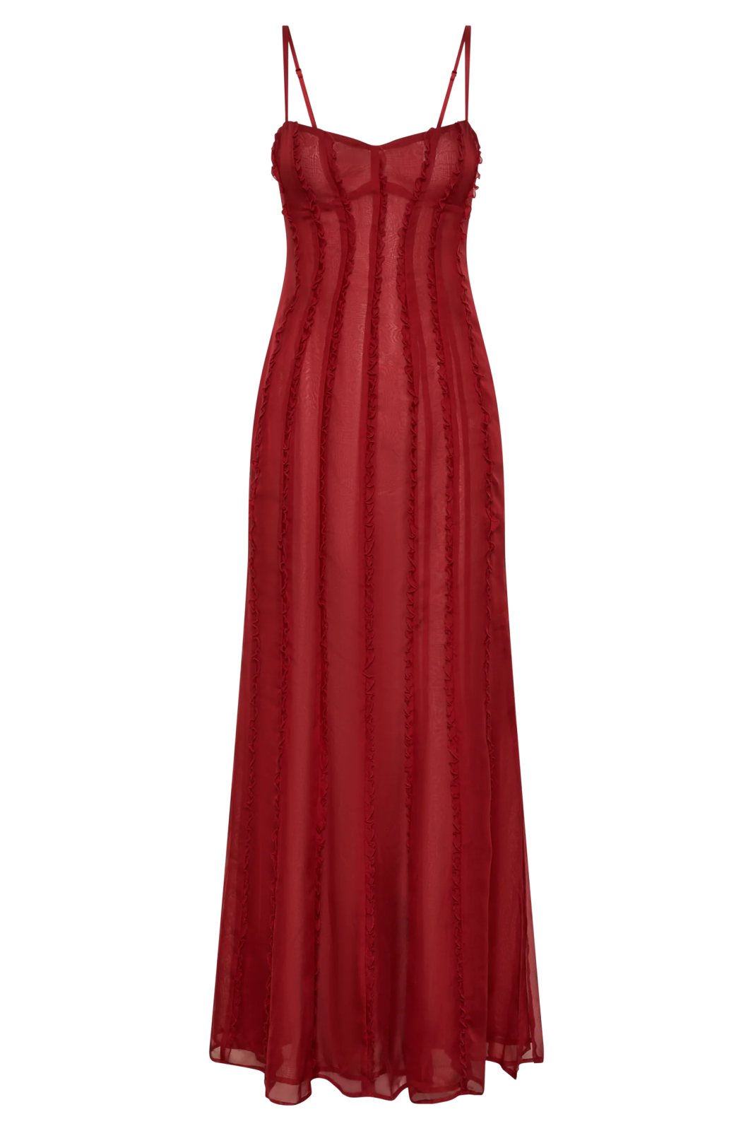 a woman wearing a red dress with spaghetti straps