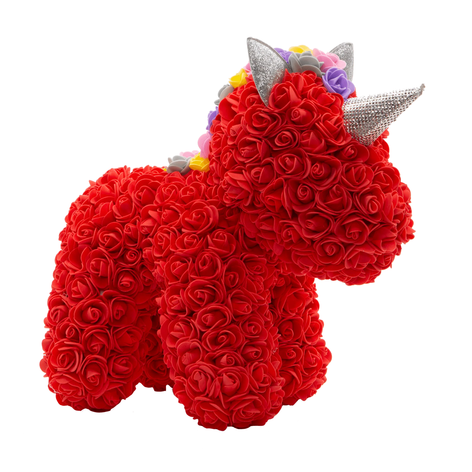 a stuffed unicorn made out of red roses