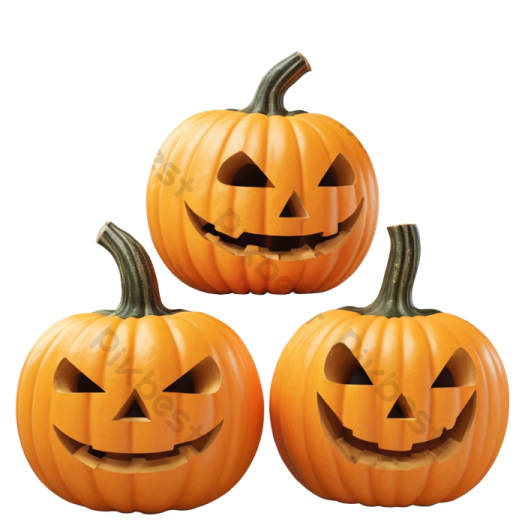 three carved pumpkins on a white background