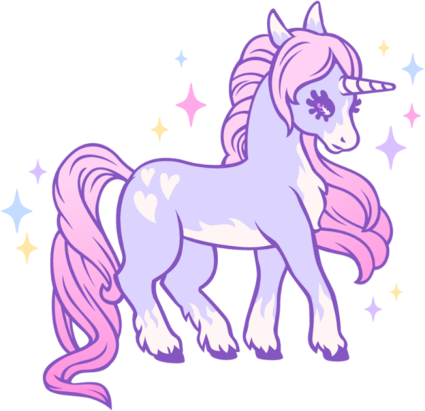 a unicorn with pink hair standing in front of stars
