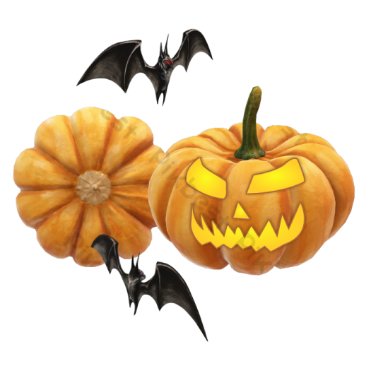 two pumpkins with bats flying around them