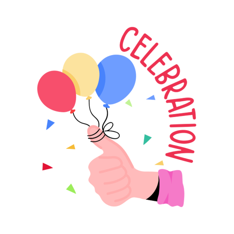 a hand holding balloons with the word celebration