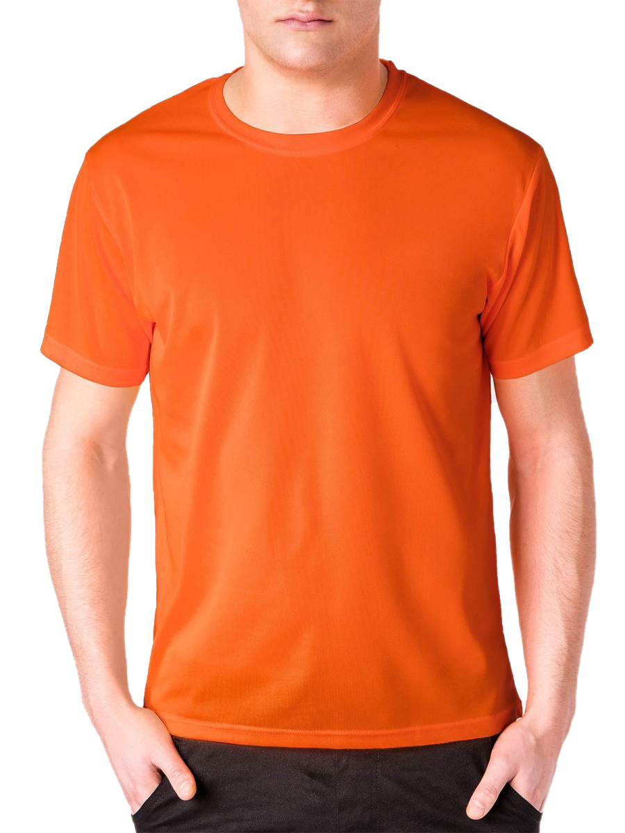 a man wearing an orange t - shirt