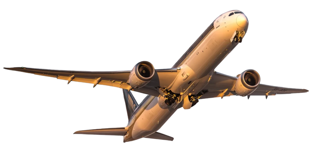 an airplane flying in the sky with a white background