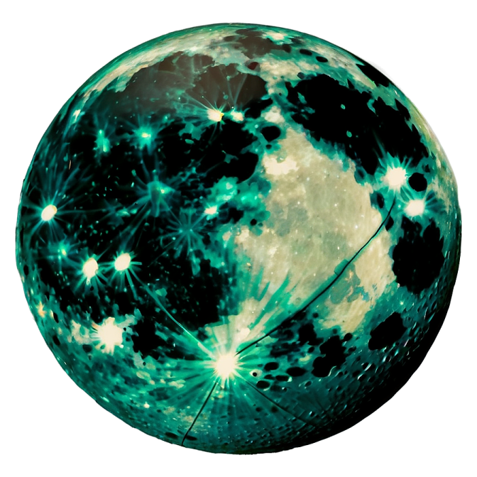 a green and white moon with stars in the sky