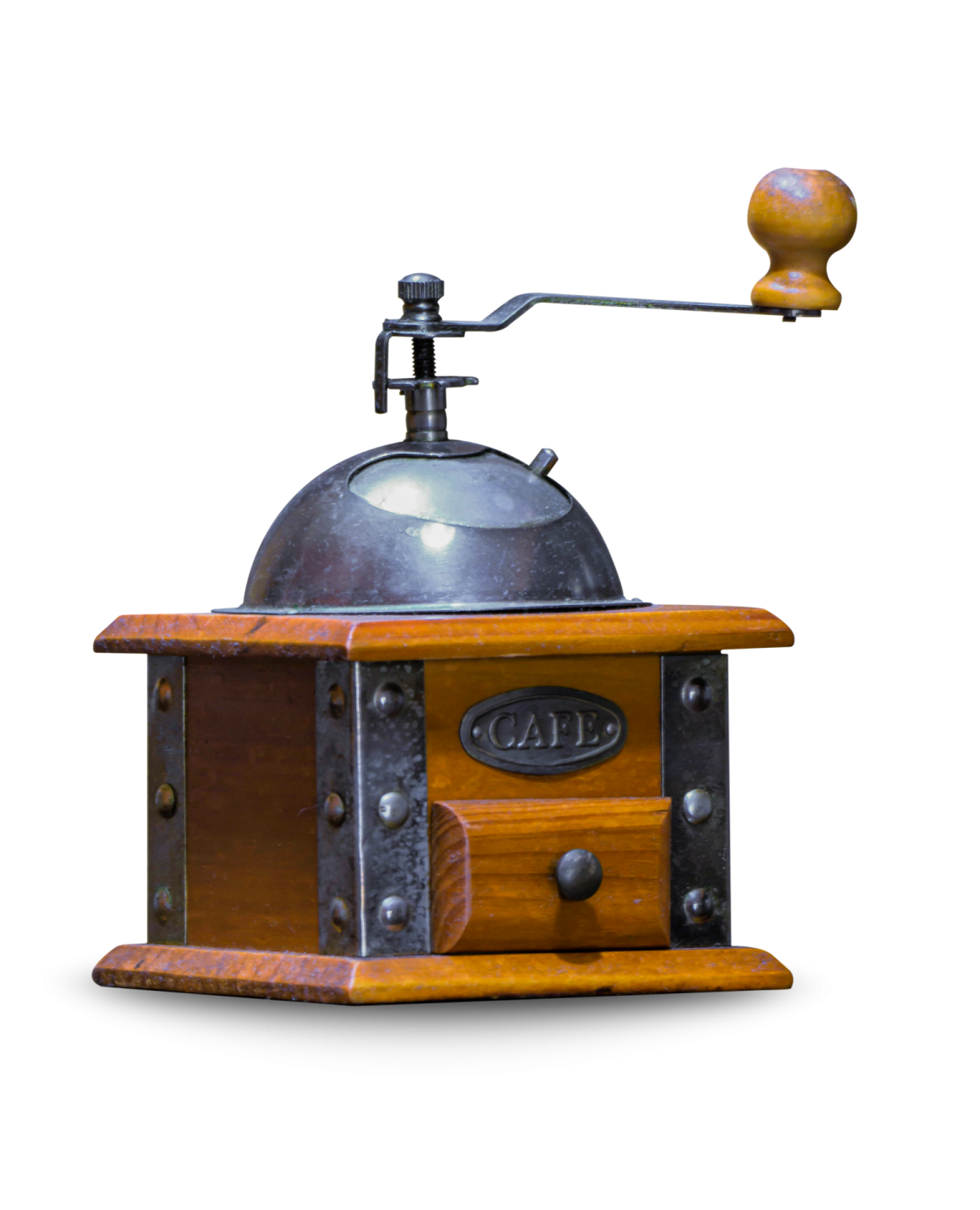 an old coffee grinder on a white background