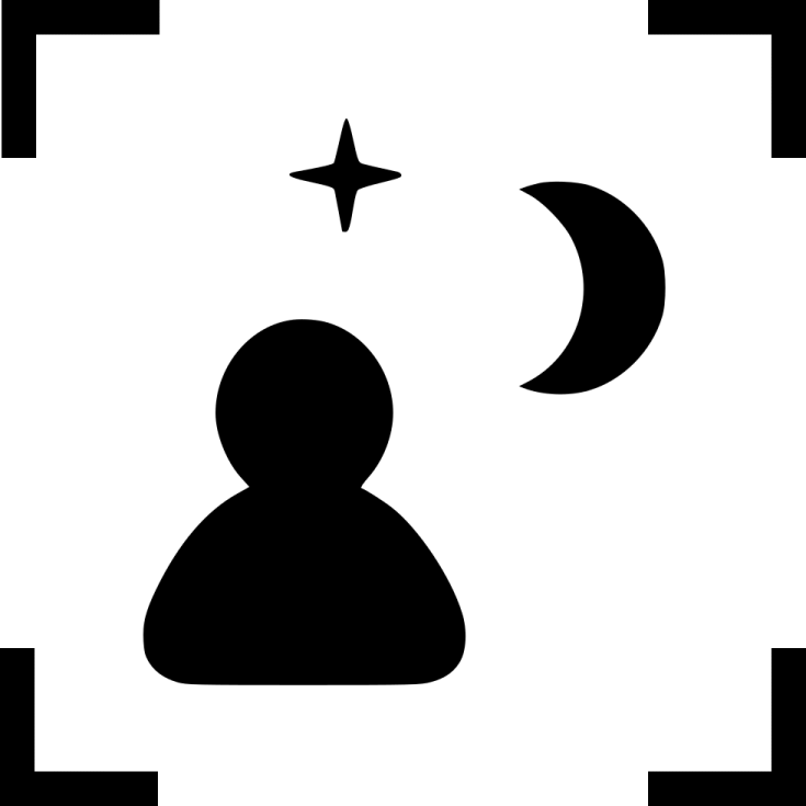 a black and white icon of a person with a crescent