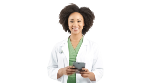a woman in a white lab coat holding a tablet