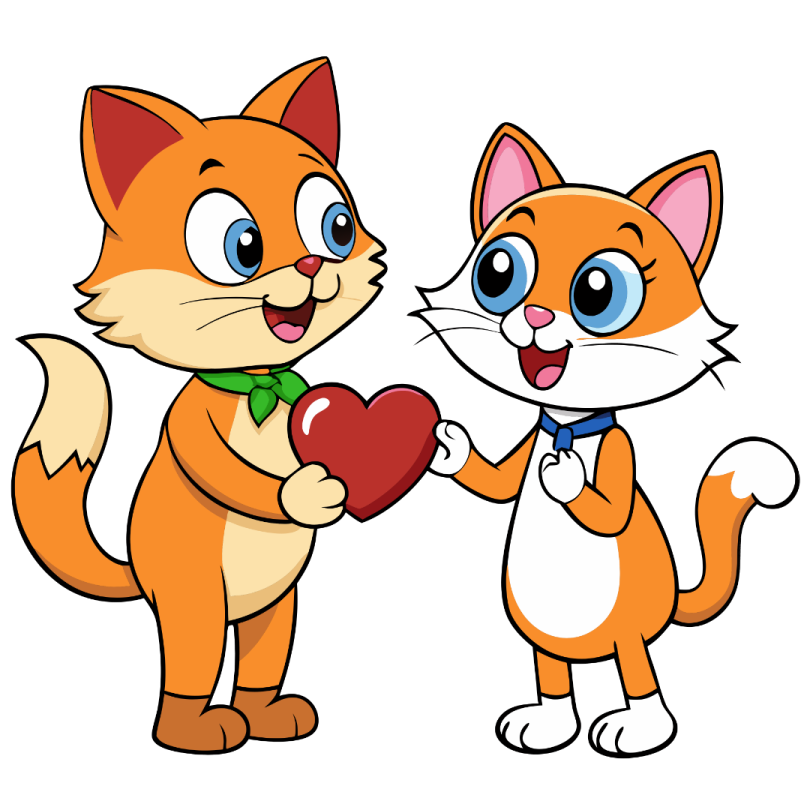 two cartoon cats with hearts in their hands