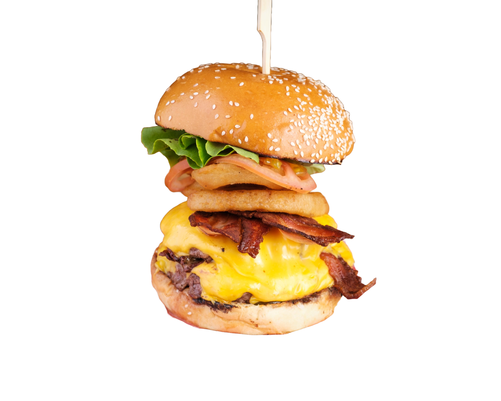 a close up of a hamburger with bacon and cheese