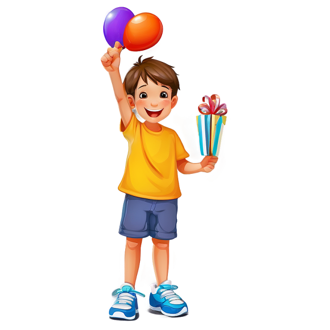 a boy holding balloons and a gift box