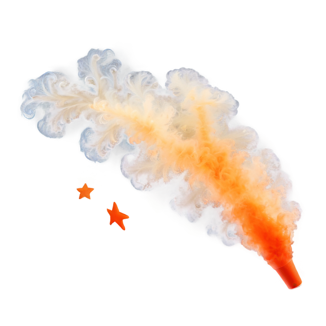 an orange and white smoke bomb with a star