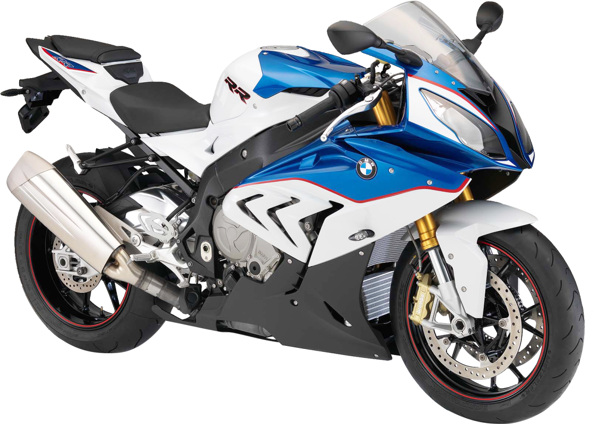 a white and blue motorcycle with red rims