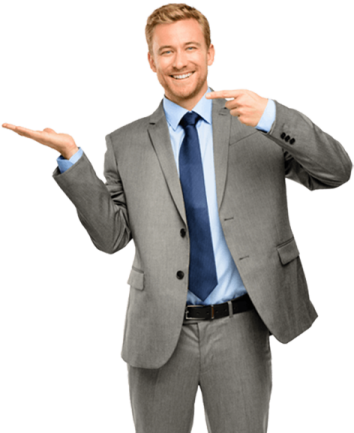 a man in a suit and tie pointing at the camera