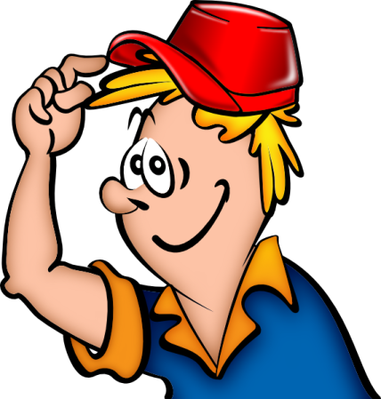 a cartoon boy wearing a red hat and blue shirt