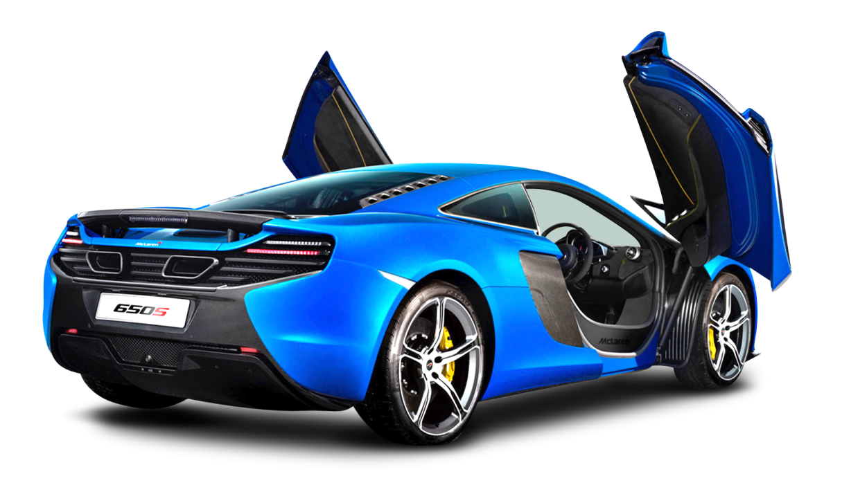 a blue sports car with its doors open