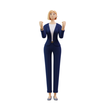 a woman in a blue suit and white shirt