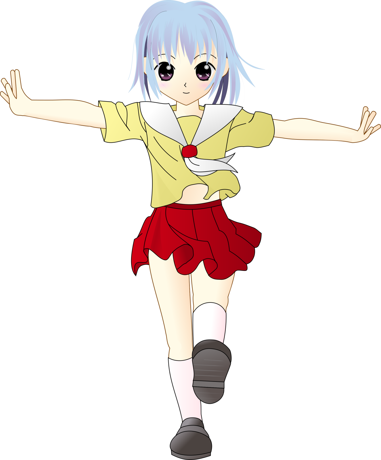 a girl in a yellow shirt and red skirt