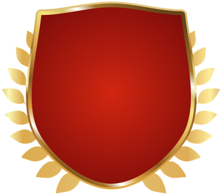 a red shield with gold accents