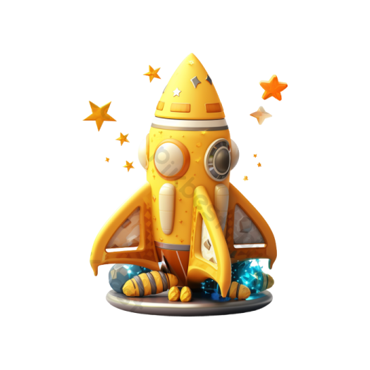 a yellow rocket sitting on top of a white surface