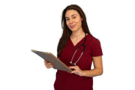 a woman in scrubs holding a clipboard