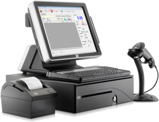 a desktop pos system with a phone and printer
