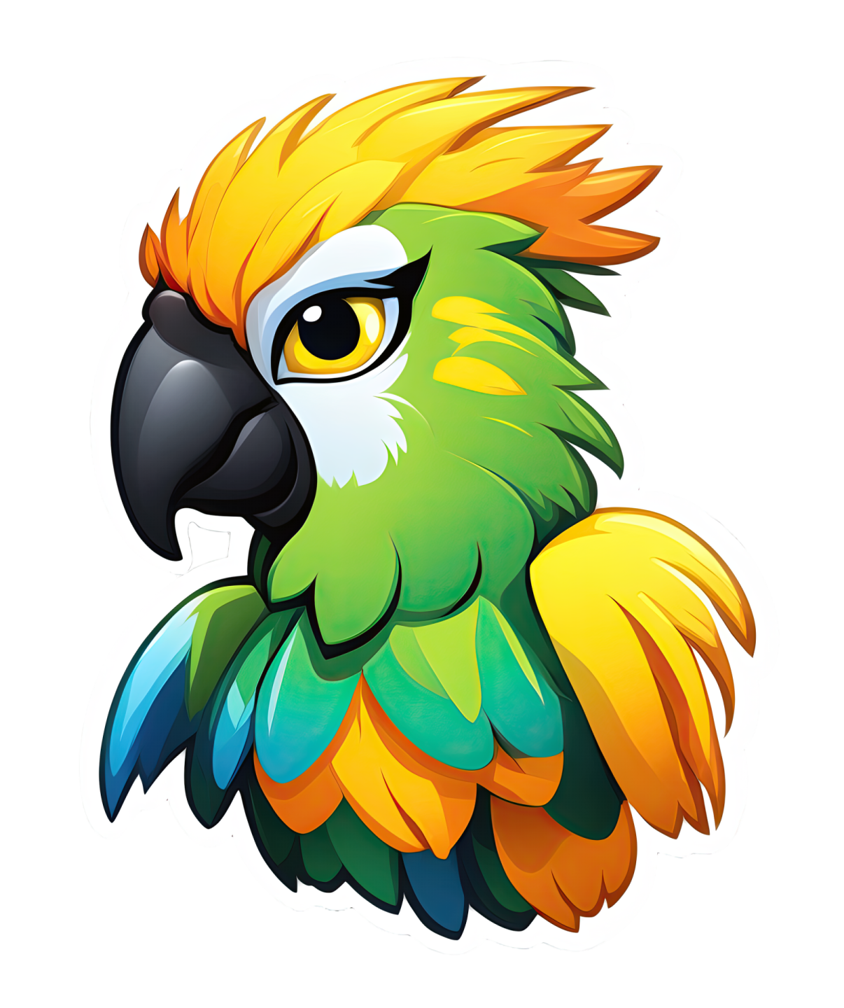 a colorful parrot head with yellow and green feathers