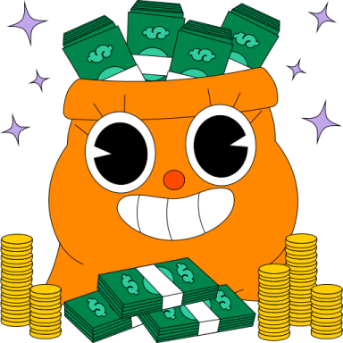 a cartoon character holding stacks of money