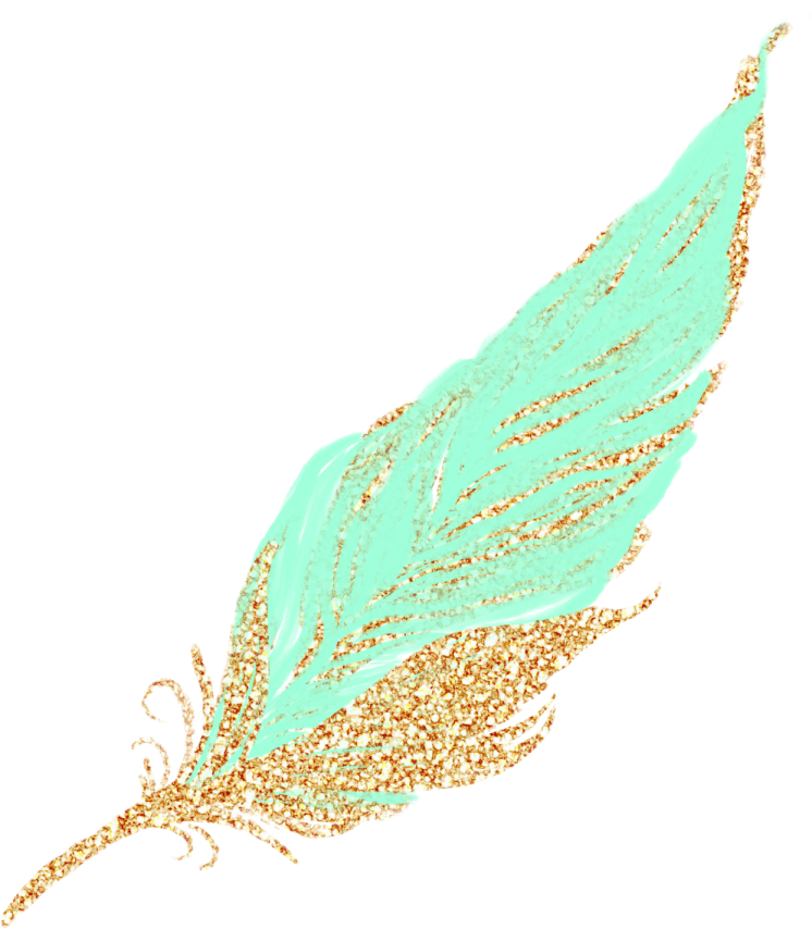a gold and turquoise feather on a white background
