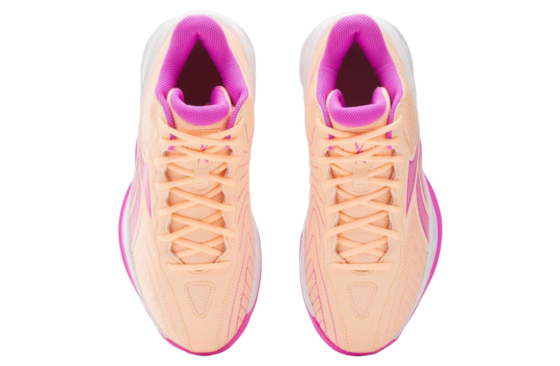 a pair of pink and white sneakers