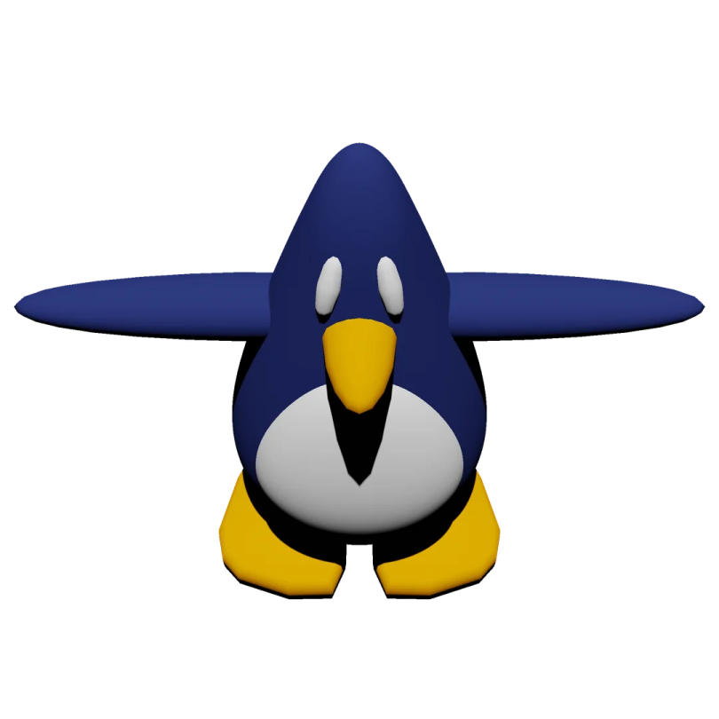 a blue and yellow penguin sitting on the ground
