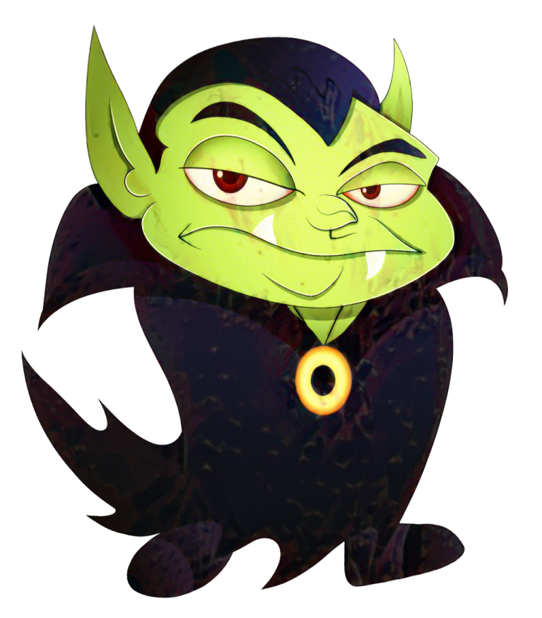 a cartoon character with green hair and red eyes