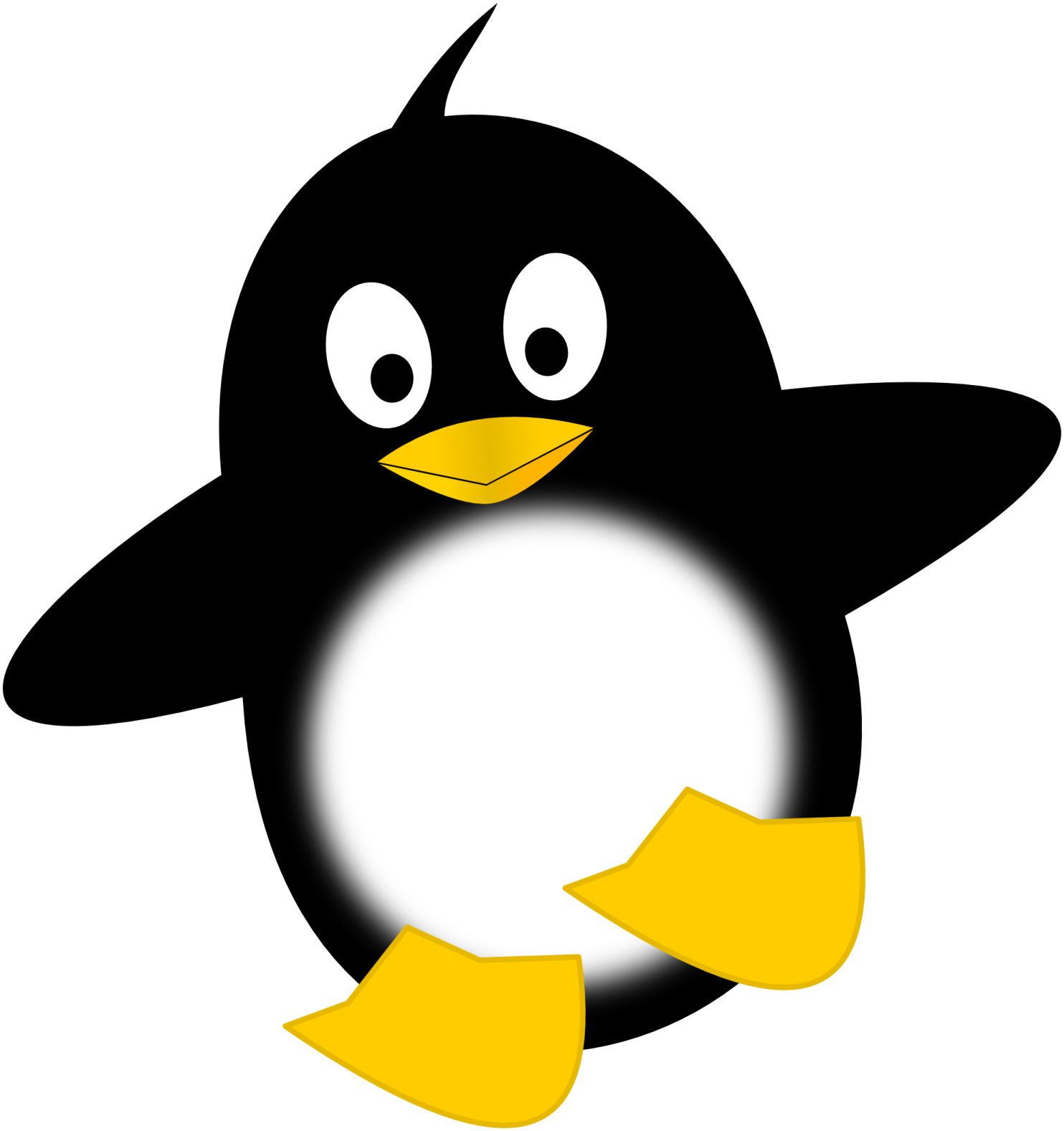 a black and white penguin with yellow feet