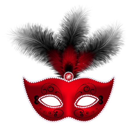 a red carnival mask with feathers