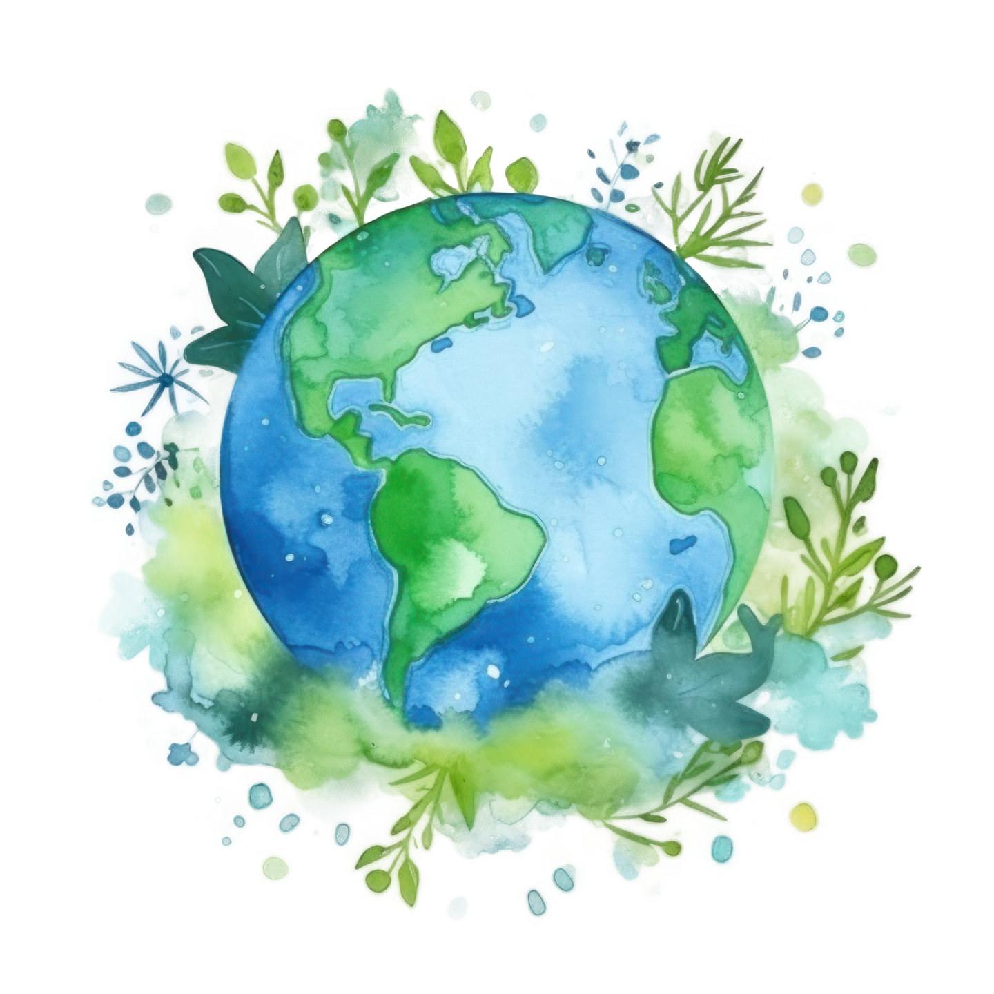 a watercolor painting of the earth surrounded by plants and leaves