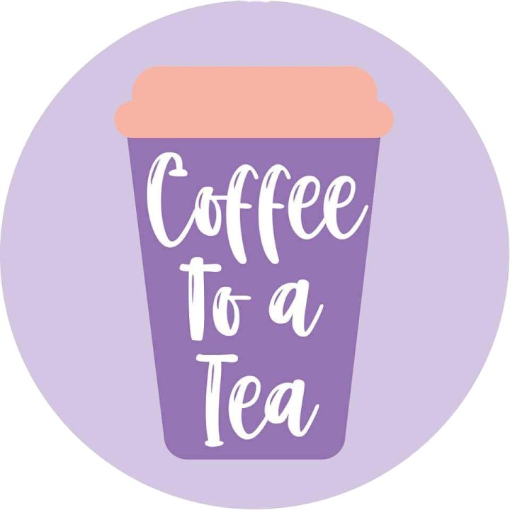a purple coffee cup with the words coffee to tea on it