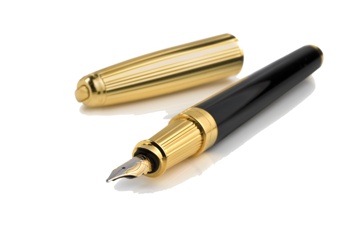 a black and gold fountain pen on a white background
