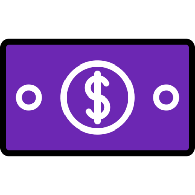 a purple and white icon with a dollar symbol