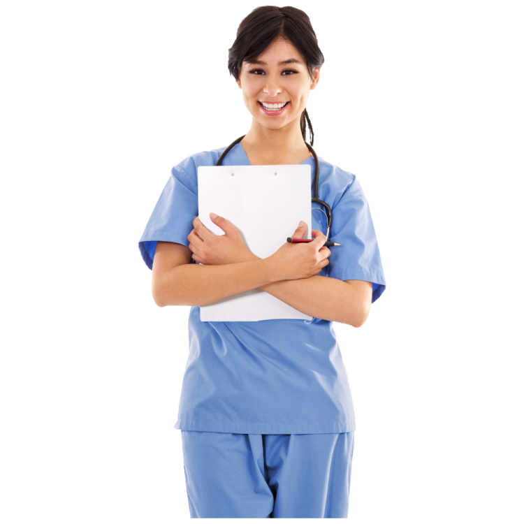 a woman in scrubs holding a clipboard