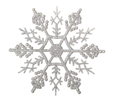 a silver snowflake with white crystals