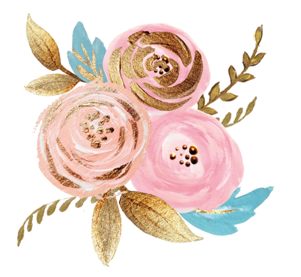 a watercolor painting of pink and gold flowers